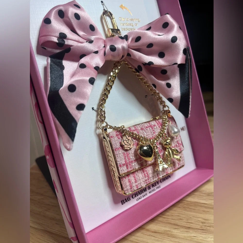 Piper K Pink Polka Dot Bow Chanel Purse Charm Bag Charm Keychain